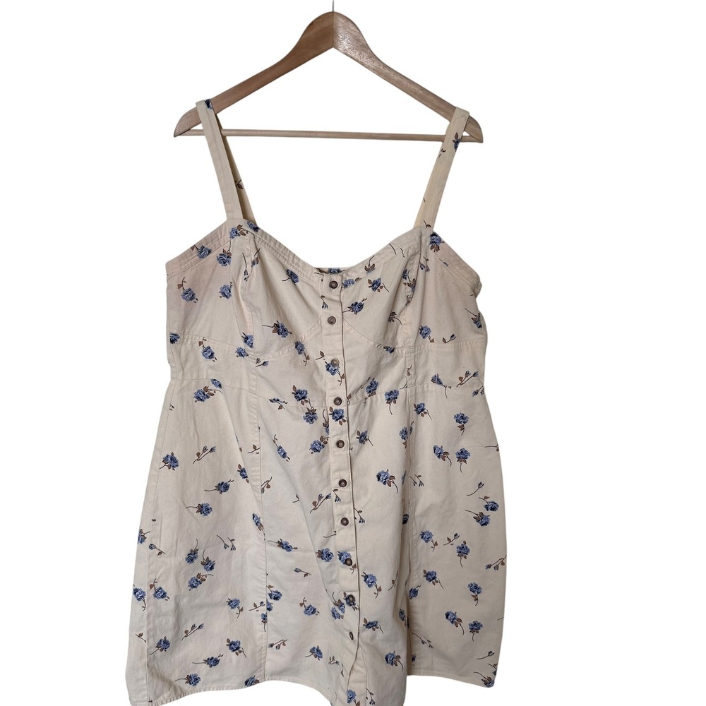 ASOS Denim Mini Dress Women 16 Cream Blue Floral Good Button Front Pinafore